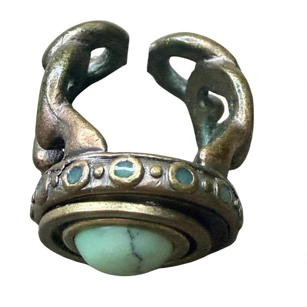Vintage Lucky You Green Turquoise Gemstone Ring Brass Tone Boho Chic Size 7 - Picture 2 of 8